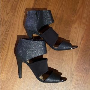 Silver open toe heels black